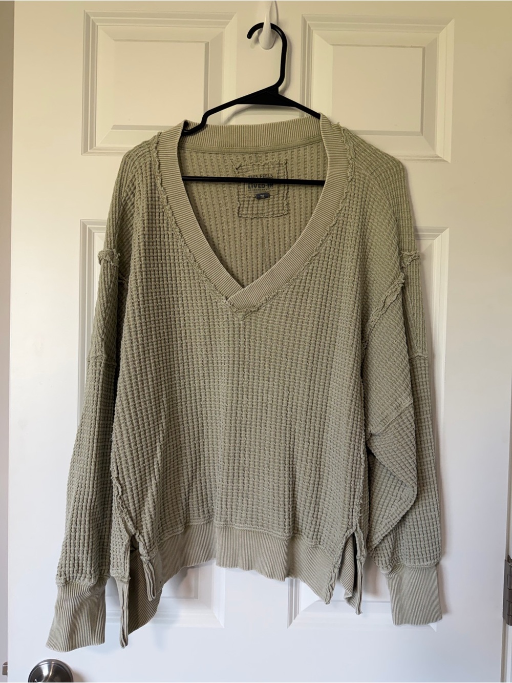 American Eagle Outfitters Sage Green Off-Shoulder Waffle Knit Sweater